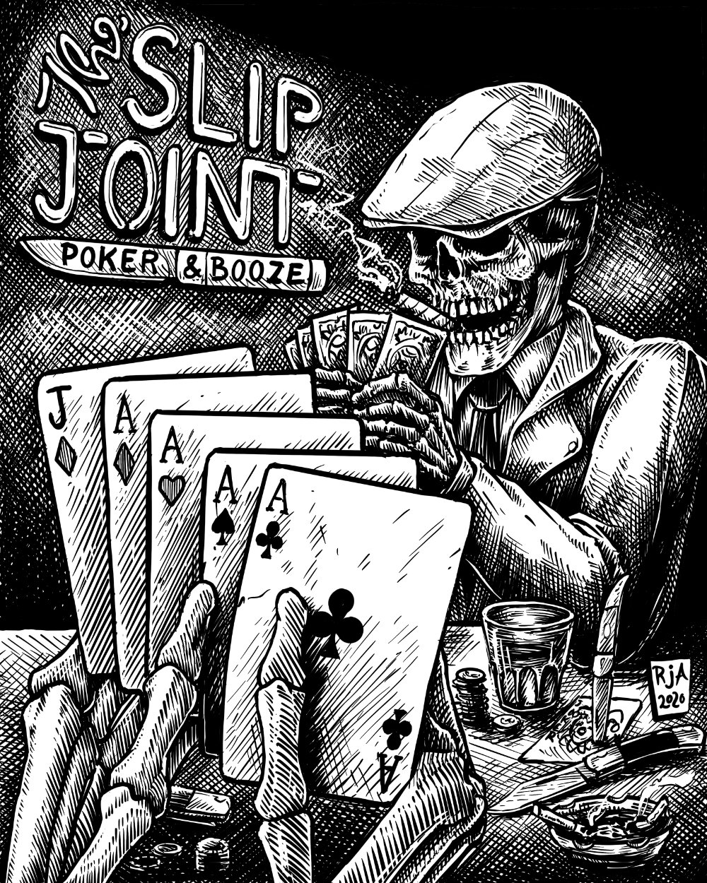 Drawing of skeletons playing poker